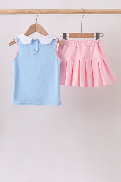 Blue pencil bow embroidery ruffle skorts set