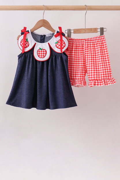 Navy Apple Applique Denim Ruffle Set