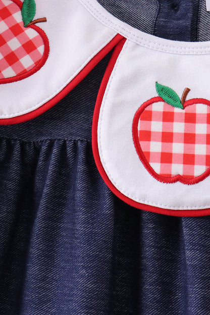 Navy Apple Applique Denim Dress