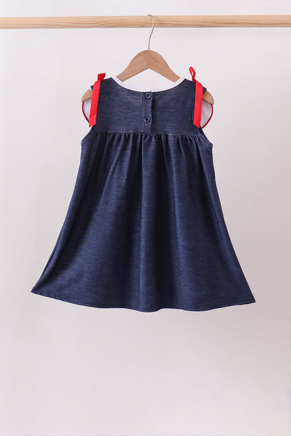 Navy Apple Applique Denim Dress