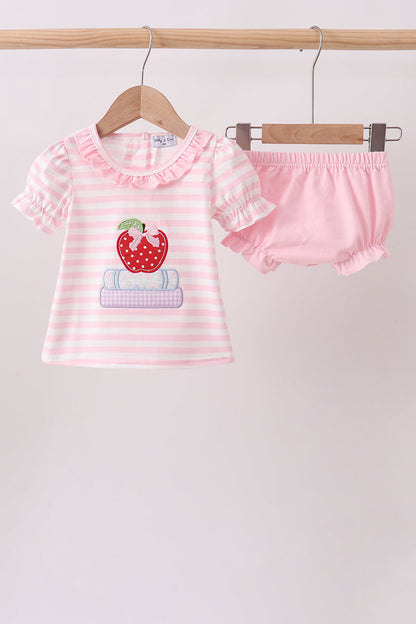 Pink Stripe Apple Book Applique Bubble