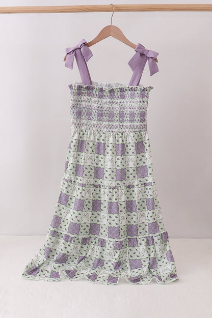 Purple Floral Smocked Women Dress