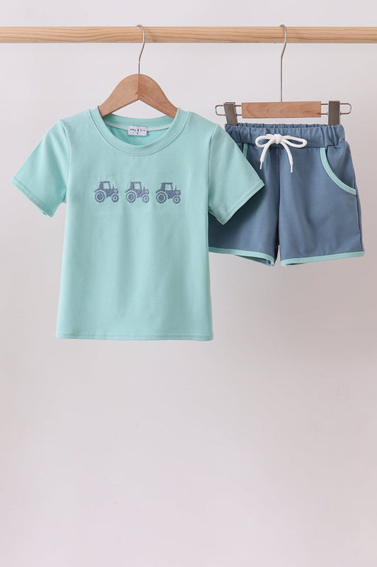 Blue Farm Tractor Embroidered Set