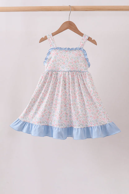 Blue Floral Print Ruffle Dress