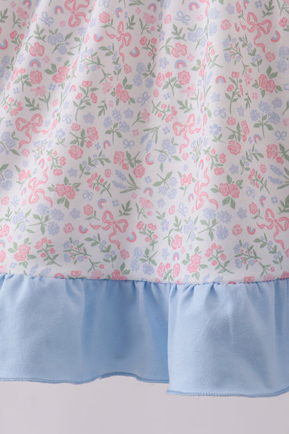 Blue Floral Print Ruffle Dress