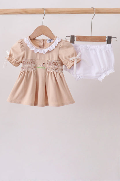 Khaki Puppy Smocked Bloomer Set