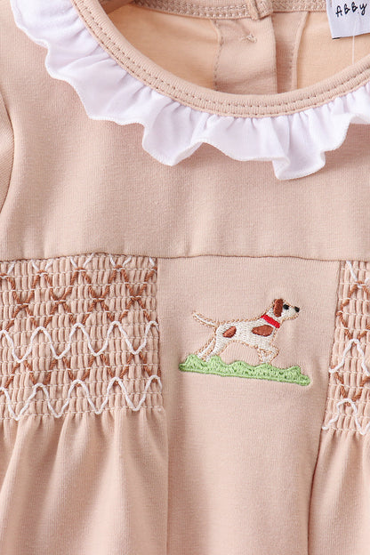 Khaki Puppy Smocked Bloomer Set
