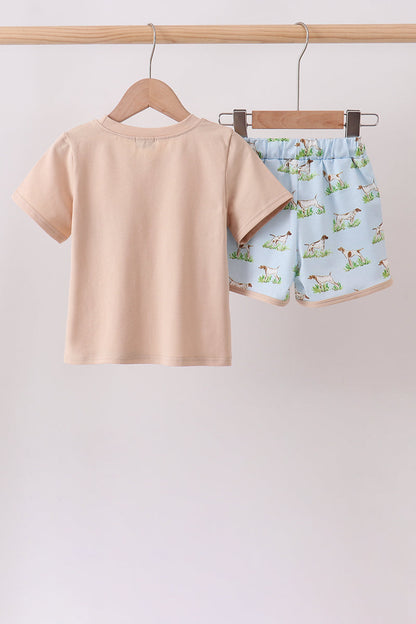 Khaki Puppy Embroidered Shorts Set