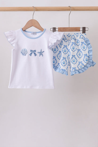 Blue Shells Embroidered Ruffle Shorts Set