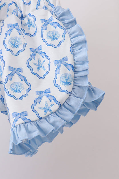 Blue Shells Embroidered Ruffle Shorts Set