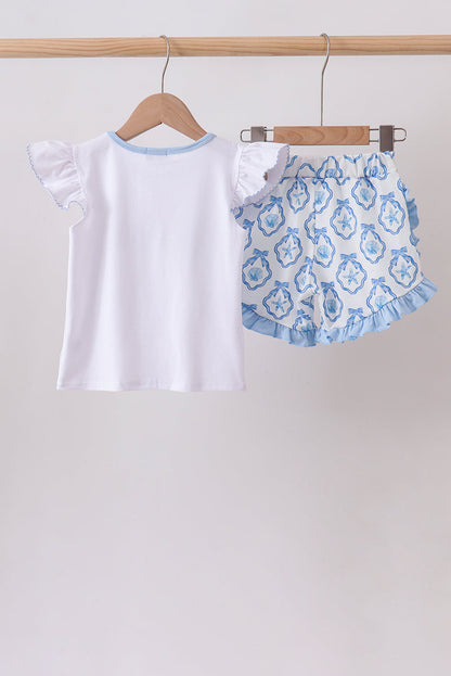 Blue Shells Embroidered Ruffle Shorts Set