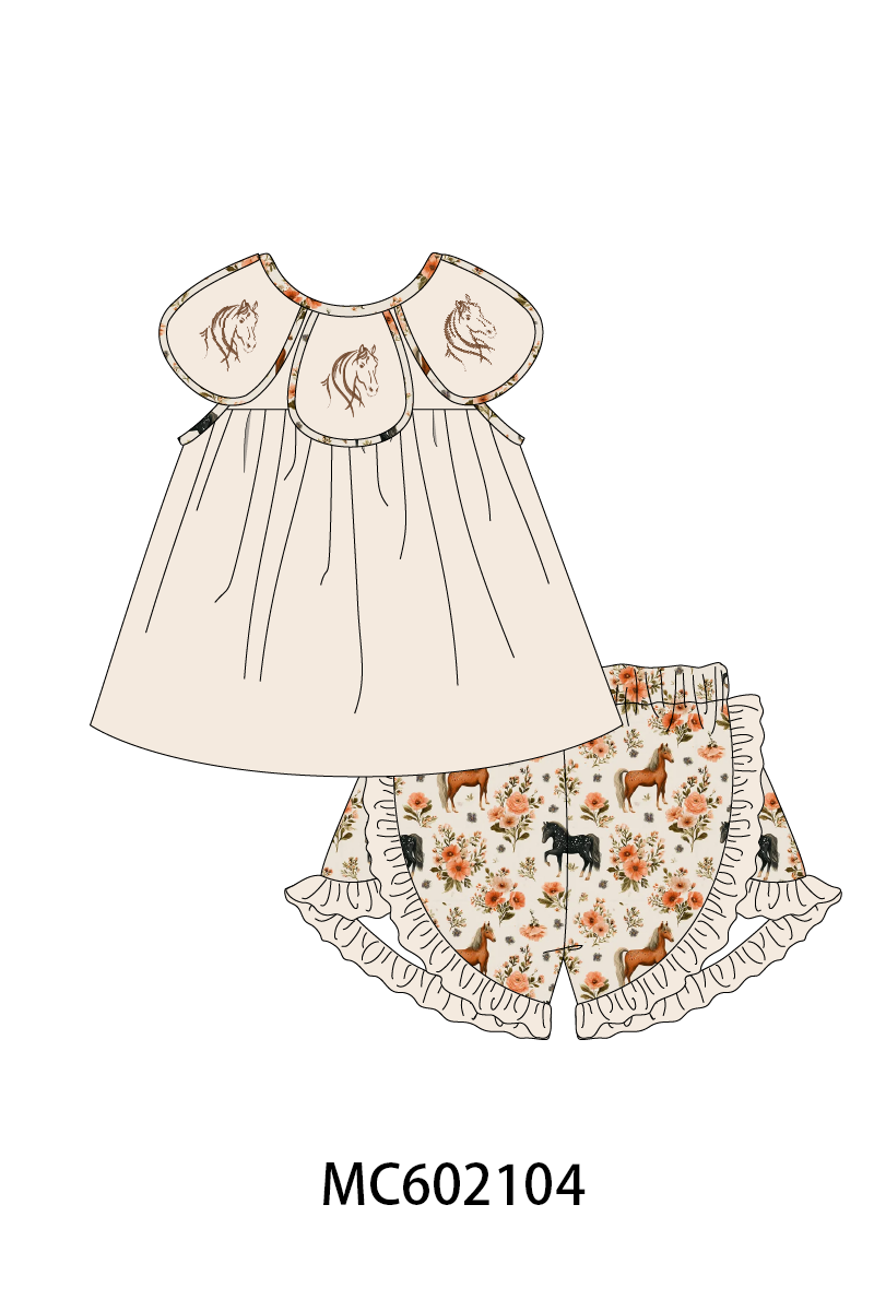Khaki horse embroidery ruffle shorts set