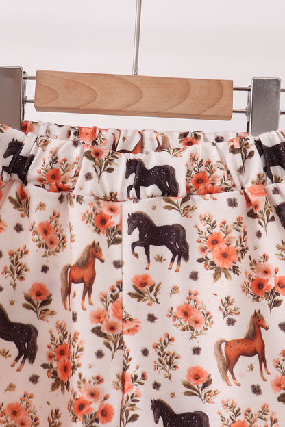 Khaki horse embroidery ruffle shorts set