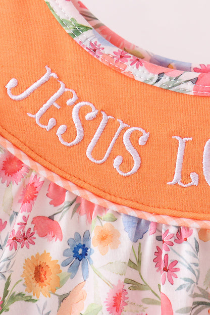Coral Jesus Loves me Embroidered Floral Bubble