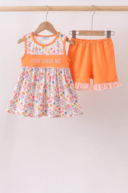 Coral Jesus Loves me Embroidered Floral Shorts Set