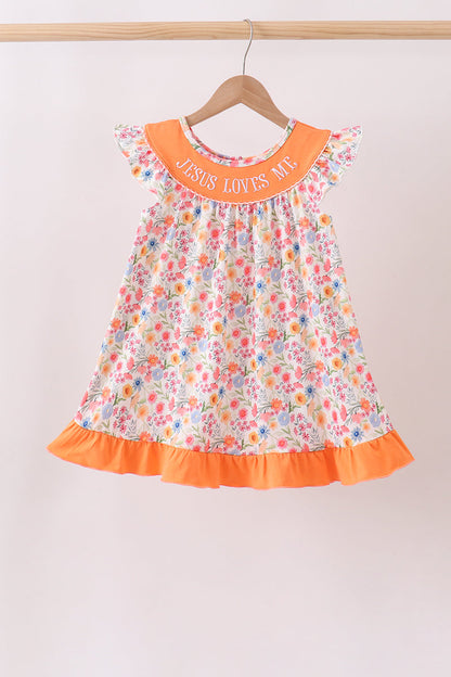 Coral Jesus Loves me Embroidered Floral Ruffle Dress
