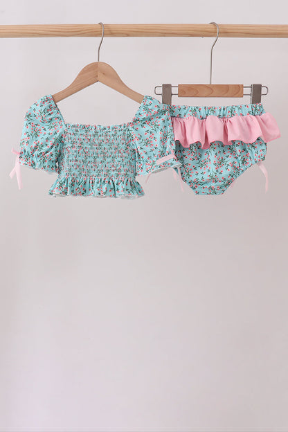 Green Floral Smocked Swimsuit
