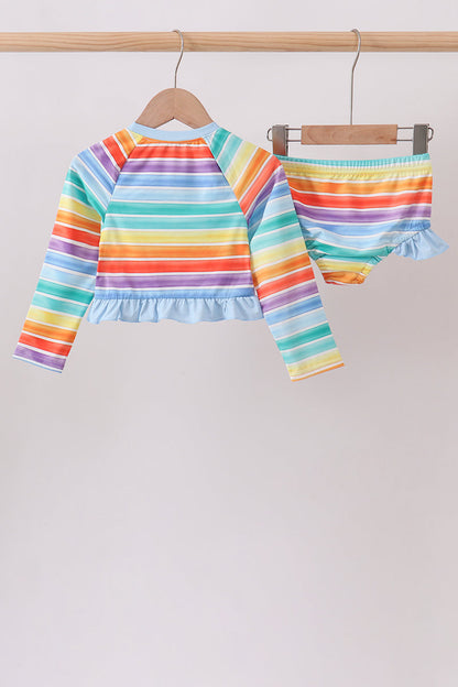 Rainbow Stripe Bow Ruffle Rashguard Set