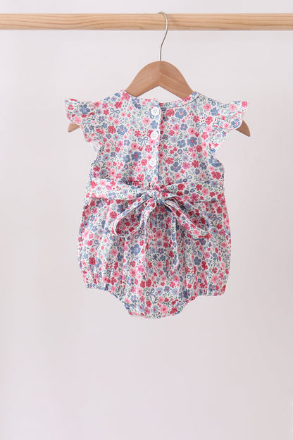 Blue Floral Smocked Ruffle Bubble