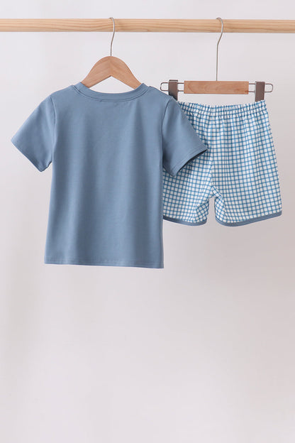 Blue Pocket Grid Shorts Set