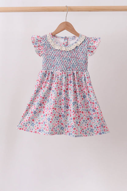 Blue Floral Smocked Ruffle Dress