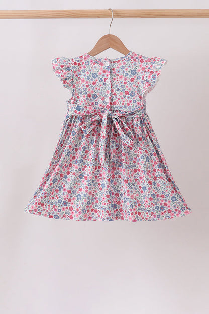 Blue Floral Smocked Ruffle Dress