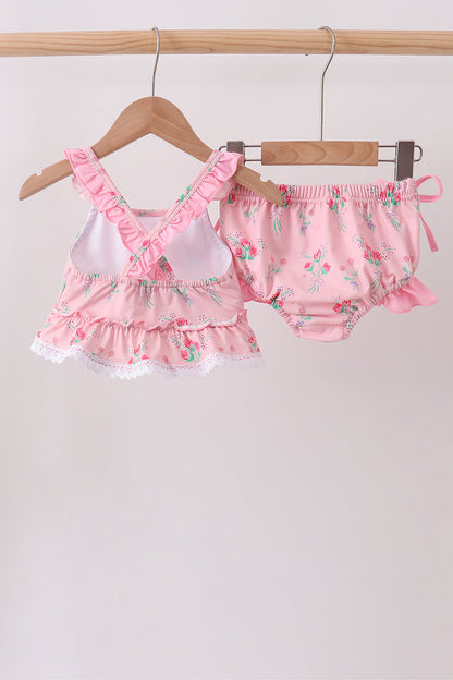 Pink Floral Ruffle 2pc Swimsuit
