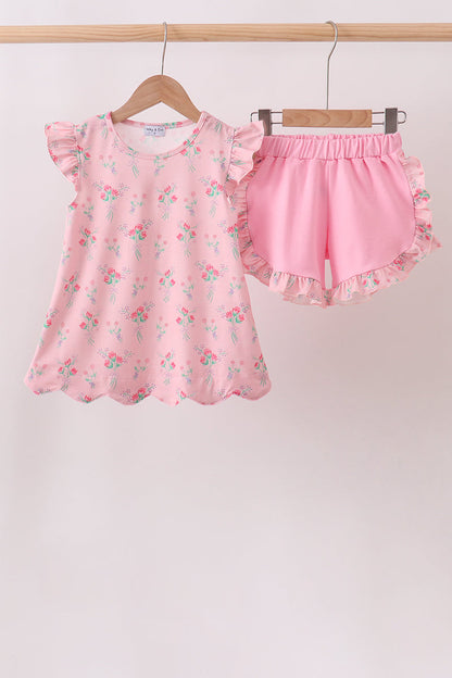 Pink Floral Ruffle Shorts Set