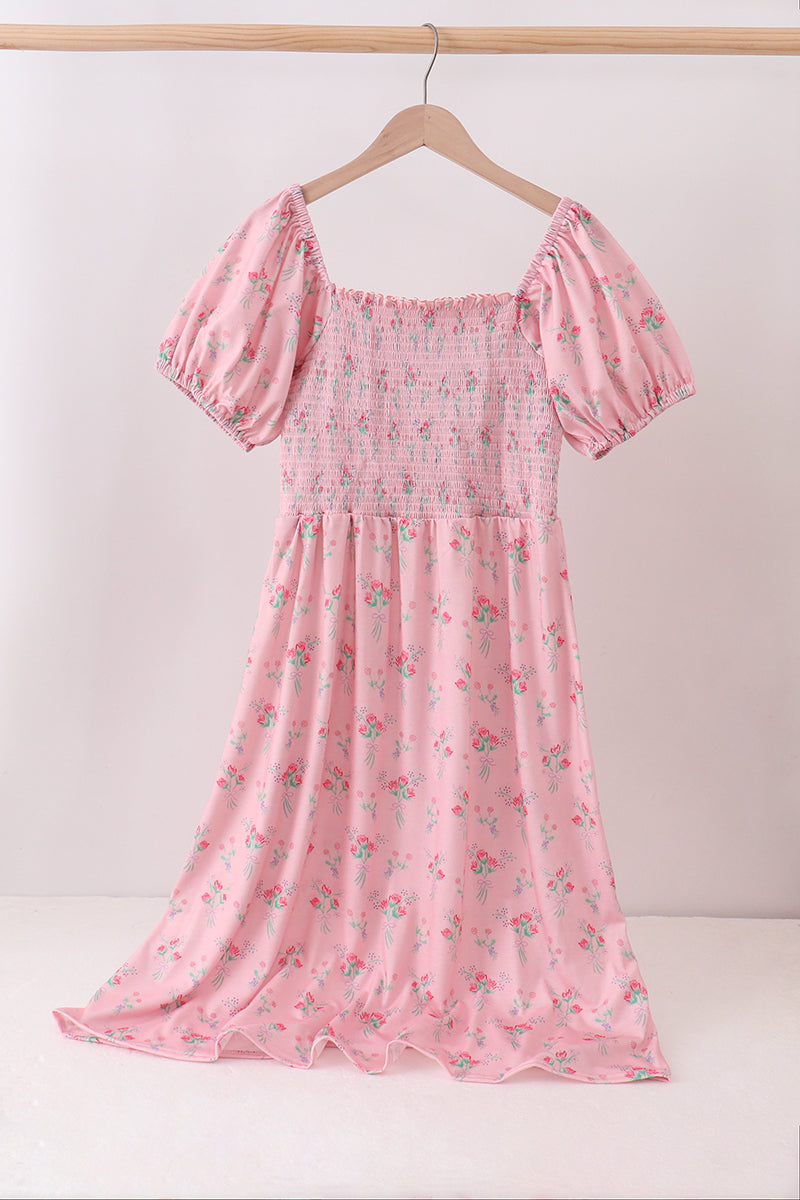 Pink Floral Smocked Mom Dress