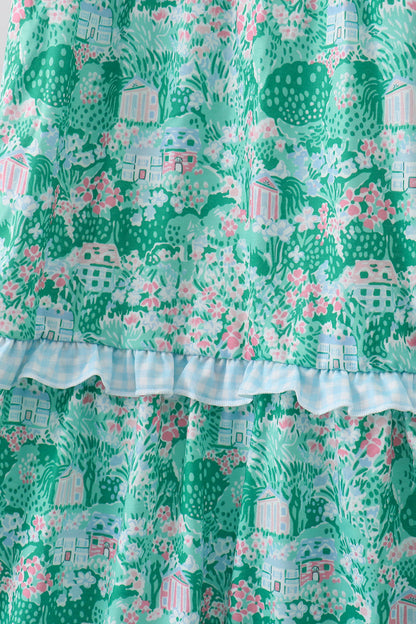 Green house floral Smocked Tiered Mom Dress