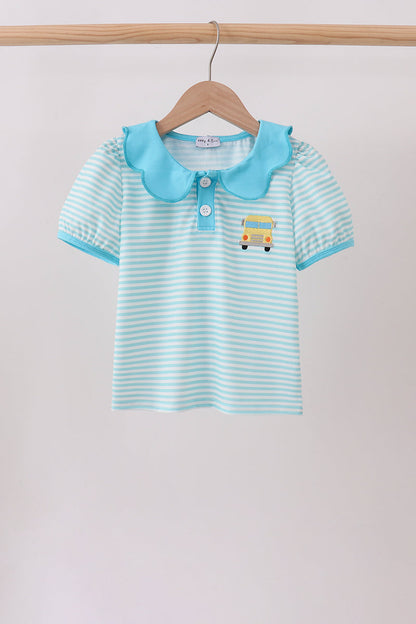 Blue Stripe School Bus Embroidered Top