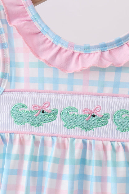 Pink Crocodile Smocked Gingham Bubble