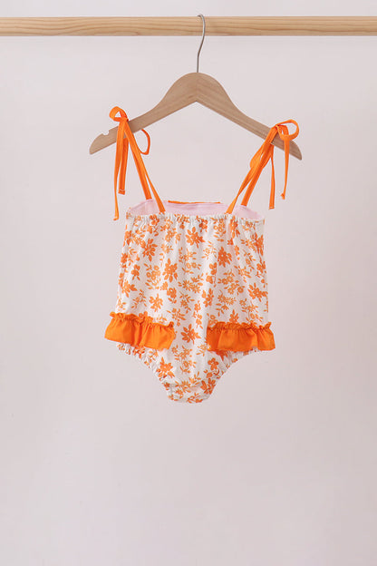 Orange Floral Print Ruffle Swimsuit