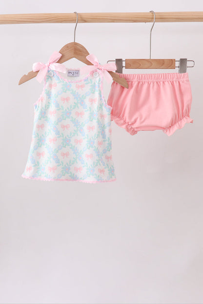 Pink Floral Bow Print Bloomer Set