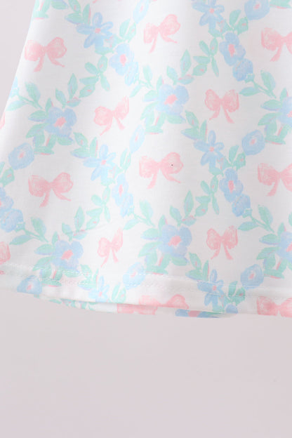Pink Floral Bow Print Scalloped Shorts Set