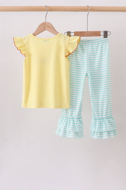 Yellow Apple Crayon Embroidered Ruffle Pants Set