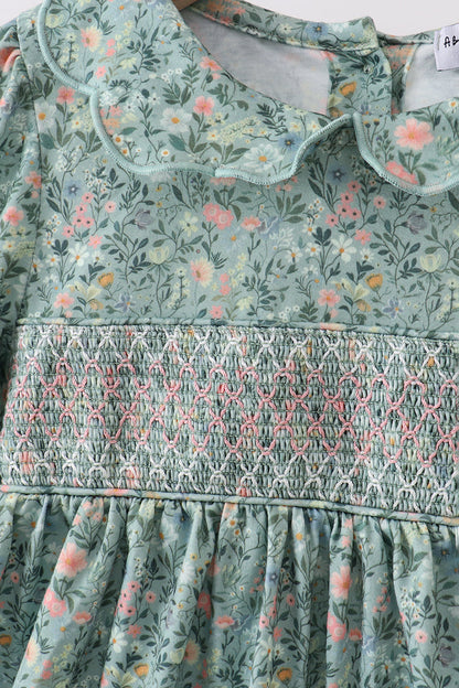 Green Floral Smocked Dress