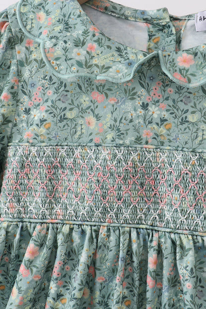 Green Floral Smocked Dress
