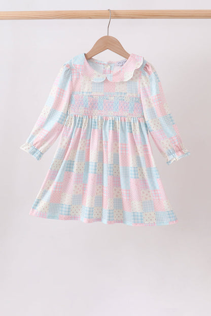 Checkered Floral Smocked Dress