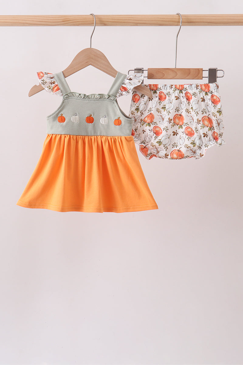 Orange Pumpkin Embroidery Ruffle Bloomer Set