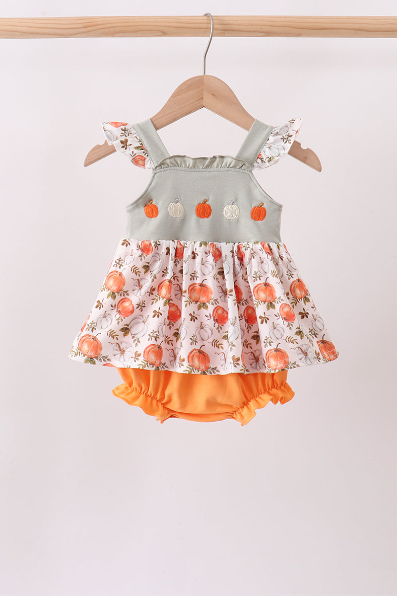 Orange Pumpkin Embroidery Ruffle Bubble