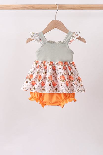Orange Pumpkin Embroidery Ruffle Bubble