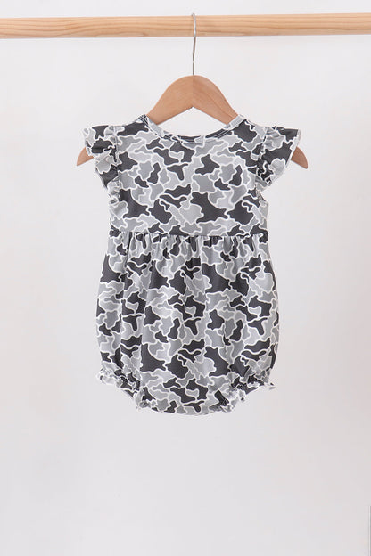 Grey Camouflage Bow Embroidery Ruffle Bubble