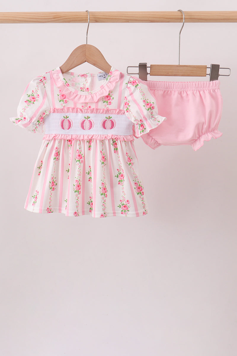 Pink Pumpkin Embroidery Ruffle Bloomer Set