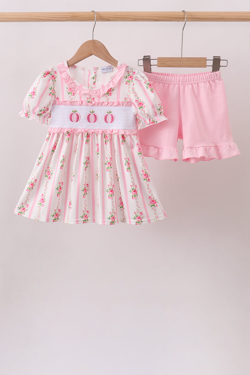 Pink Pumpkin Embroidery Ruffle Shorts Set