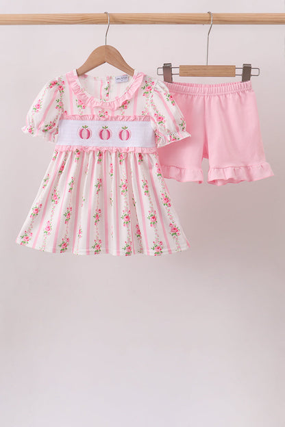 Pink Pumpkin Embroidery Ruffle Shorts Set