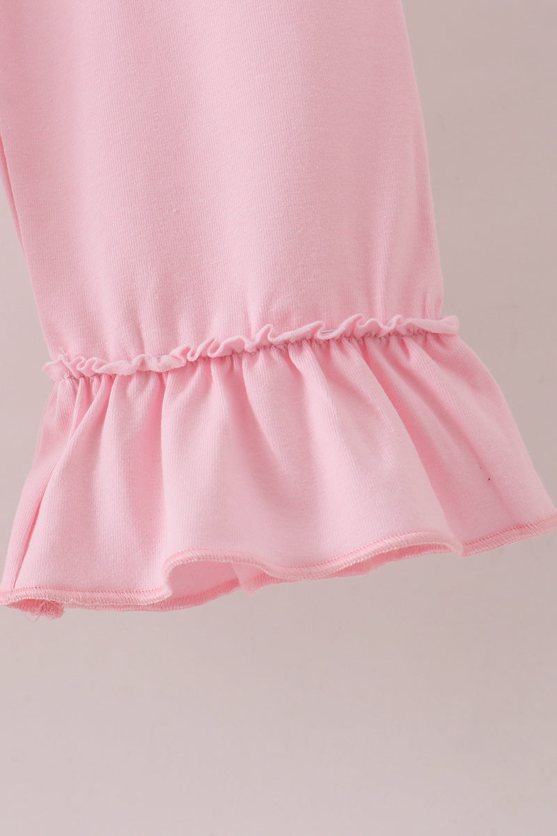 Pink Floral Embroidery Ruffle Pants Set