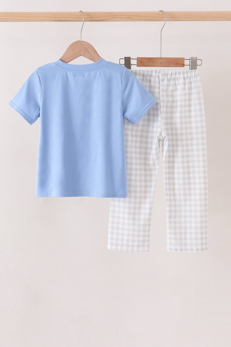 Blue Embroidery Gingham Pants Set