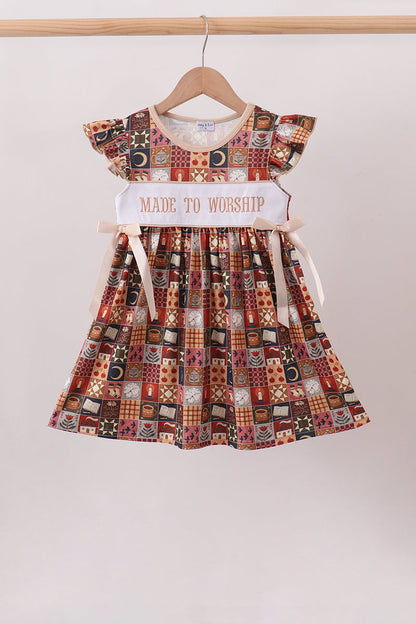 Brown Made to Worship Embroidery Ruffle Dress