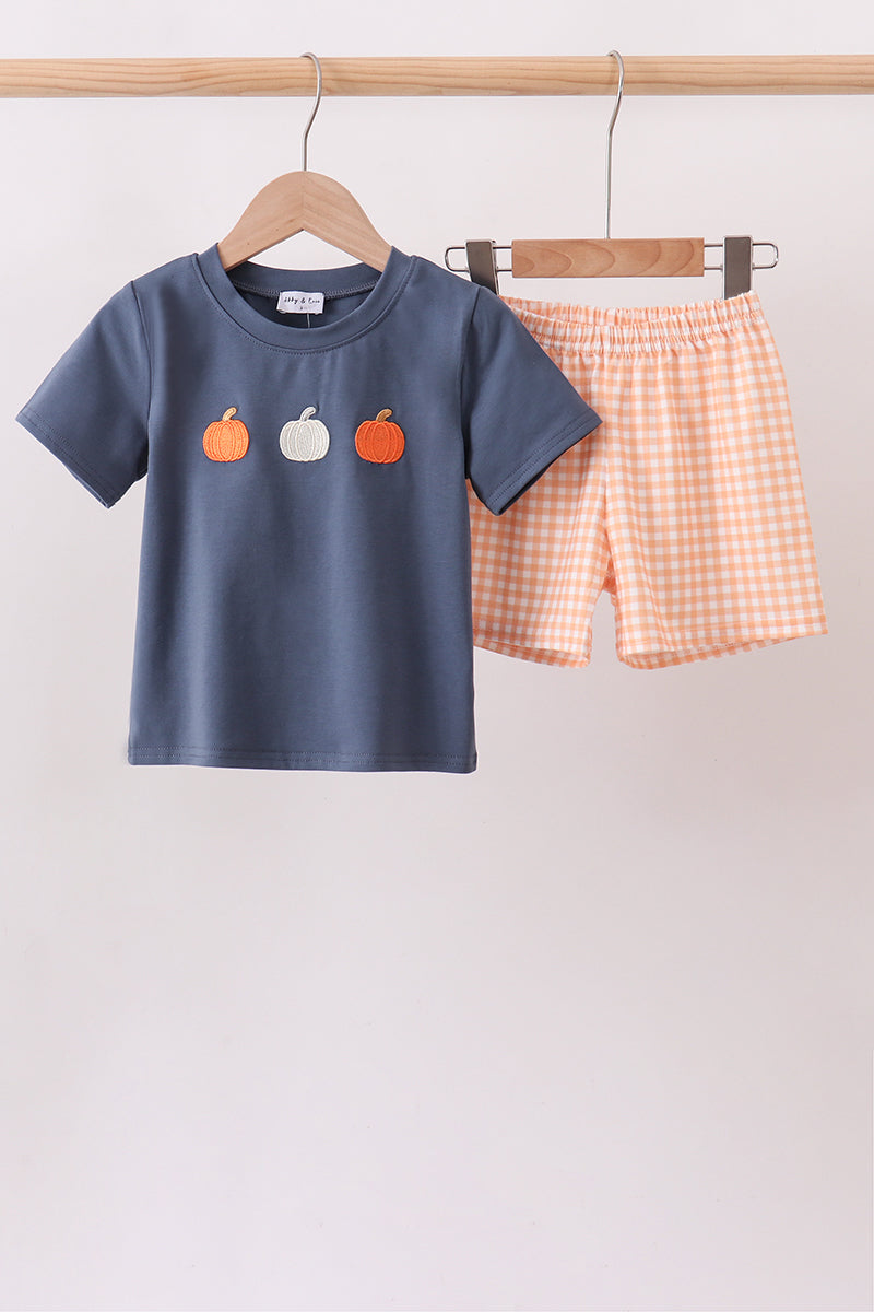 Orange Pumpkin Embroidery Gingham Shorts Set